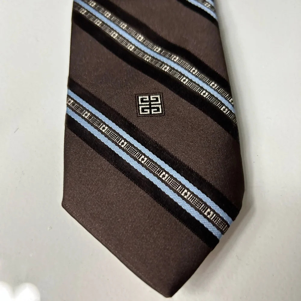 Givenchy Brown and Blue Striped Neck Tie - Picture 3 of 8